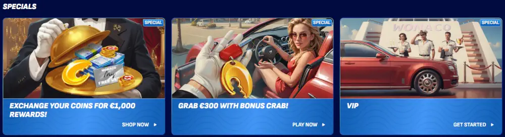Premi speciali Wonaco, offerte bonus granchio e panoramica del programma VIP